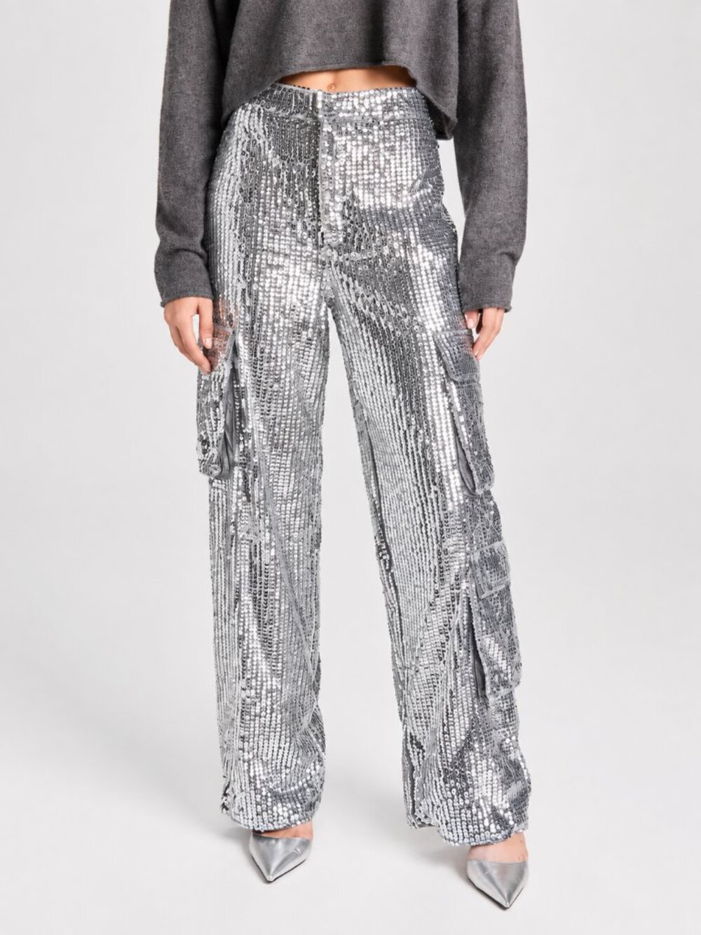 Anthropologie MOON RIVER Silver Sequin Cargo Pants NEW NWT